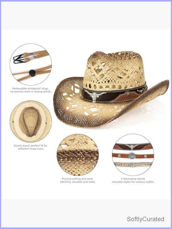 Straw Cowboy Hat with 3 Interchangeable Bands, Unisex Adult One Size main image 5